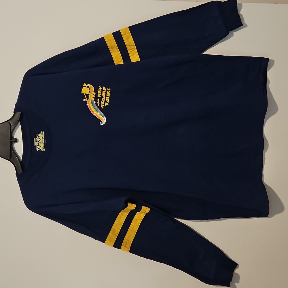 Marvel Studios Thor Love and Thunder Navy Long Sleeve Tee Yellow Arm Stripes Lg.